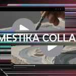 The image features a glitched, distorted background with horizontal lines and color artifacts, suggesting a digital malfunction or intentional design. Overlaid in the center is the bold, white, all-caps text “DOMESTIKA COLLAPSE.” Behind the text are two large, partially transparent video play buttons superimposed on blurred video stills. One still shows a close-up of a hand using a sculpting tool, and the other shows a swirl of mixed clay or paint on a surface. The overall visual suggests a theme of digital or creative disruption.