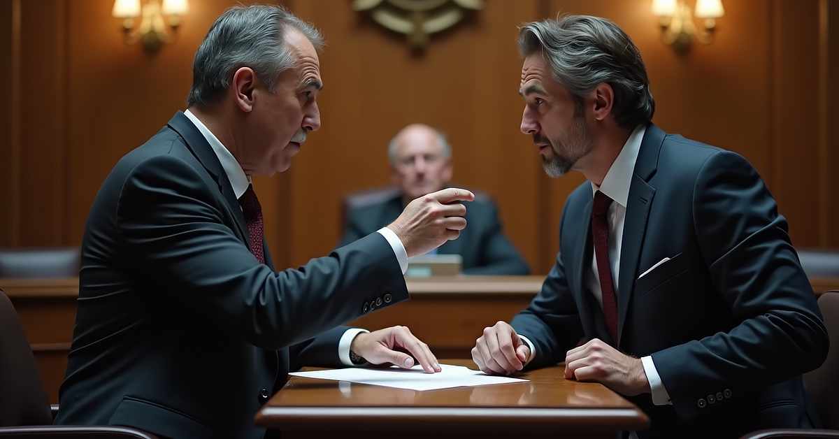 Two men in suits are engaged in an intense conversation at a courtroom table. One man gestures emphatically with his hand while speaking, and the other listens attentively. A judge is blurred in the background, seated at the bench.