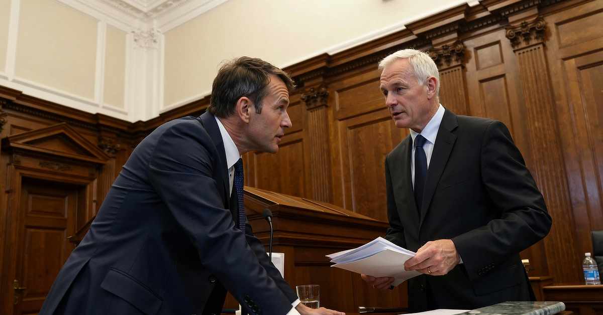 Two men in suits are having a serious discussion in a courtroom near the witness stand. One man leans forward with his hands on the table, while the other holds documents. The room features ornate wood paneling and a formal legal setting.