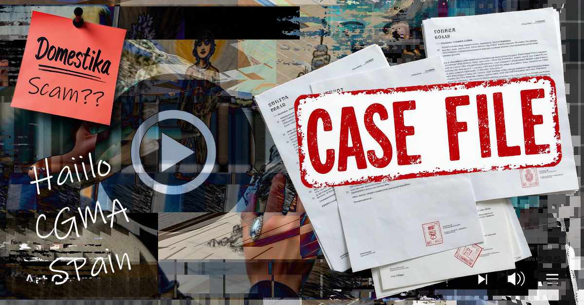 A collage-style image with documents labeled “CASE FILE” in bold red letters. A red sticky note reads “Domestika Scam??” in handwritten text. Background elements include distorted images of artwork, hands, and a large play button symbol, suggesting multimedia or investigative content.