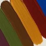 Six thick, vertical paint swatches are applied side by side on a white surface. From left to right, the colors are: dark mauve, olive green, chocolate brown, mustard yellow, brick red, and royal blue. The paint has a textured, brushstroke appearance.