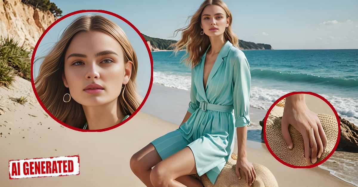 A digitally generated image of a woman sitting on a beach, wearing a belted, turquoise wrap dress with long sleeves. She has long, wavy blonde hair and is looking calmly toward the camera. The background features waves, sand, and cliffs. Two circular insets zoom in on her face and hand resting on a straw hat. A red stamp in the corner reads "AI GENERATED."
