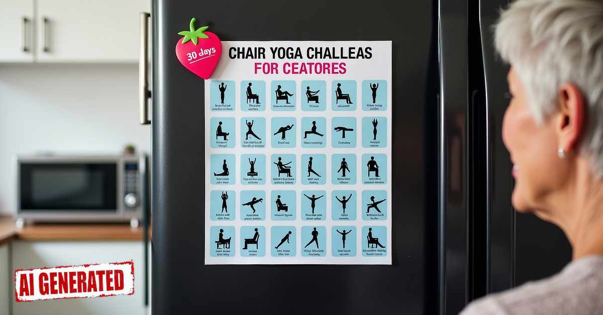 An AI-generated image showing an elderly woman with short gray hair looking at a chart titled "Chair Yoga Challeas for Ceatores" stuck to a refrigerator. The chart features a 30-day yoga challenge with small icons of seated and standing yoga poses, each inside a blue square. A pink strawberry-shaped label in the corner reads “30 days.” A red stamp in the bottom left reads "AI GENERATED."