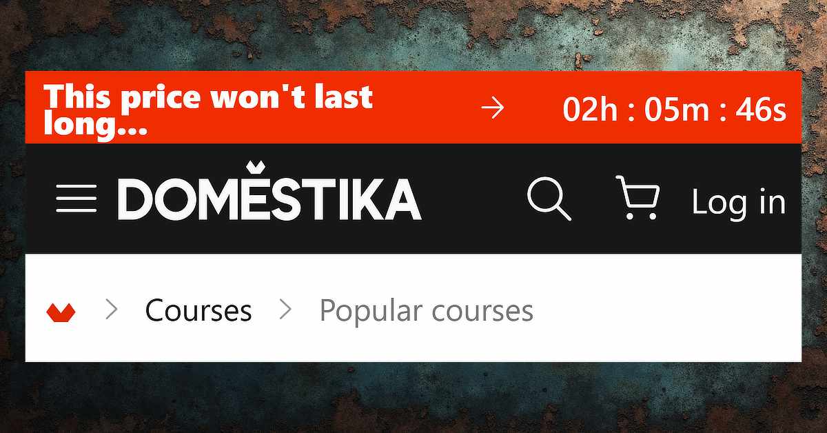 Website header for Domestika with a red banner reading “This price won’t last long…” followed by a countdown timer showing “02h : 05m : 46s.” Below, a black navigation bar displays the Domestika logo, menu icon, search icon, shopping cart icon, and “Log in.” Underneath, a breadcrumb trail reads “Courses > Popular courses.”