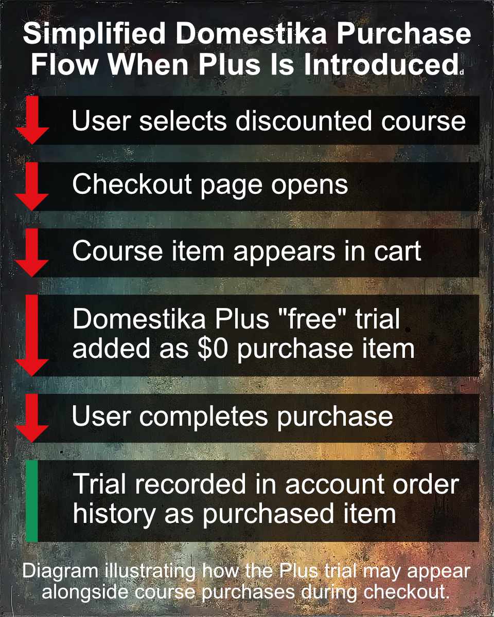 Infographic titled “Simplified Domestika Purchase Flow When Plus Is Introduced.” A vertical sequence of steps is shown with red downward arrows: “User selects discounted course,” “Checkout page opens,” “Course item appears in cart,” “Domestika Plus ‘free’ trial added as $0 purchase item,” and “User completes purchase.” A final step, marked with a green bar, reads “Trial recorded in account order history as purchased item.” A caption at the bottom explains the diagram shows how the Plus trial may appear alongside course purchases during checkout.
