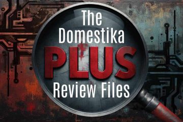 Graphic of a large magnifying glass centered over a dark, grungy background with circuit-board patterns. Inside the lens, bold text reads “The Domestika PLUS Review Files,” with “PLUS” in large red letters and the rest in white. The magnifying glass handle extends toward the lower right.
