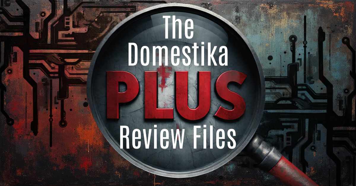 Graphic of a large magnifying glass centered over a dark, grungy background with circuit-board patterns. Inside the lens, bold text reads “The Domestika PLUS Review Files,” with “PLUS” in large red letters and the rest in white. The magnifying glass handle extends toward the lower right.