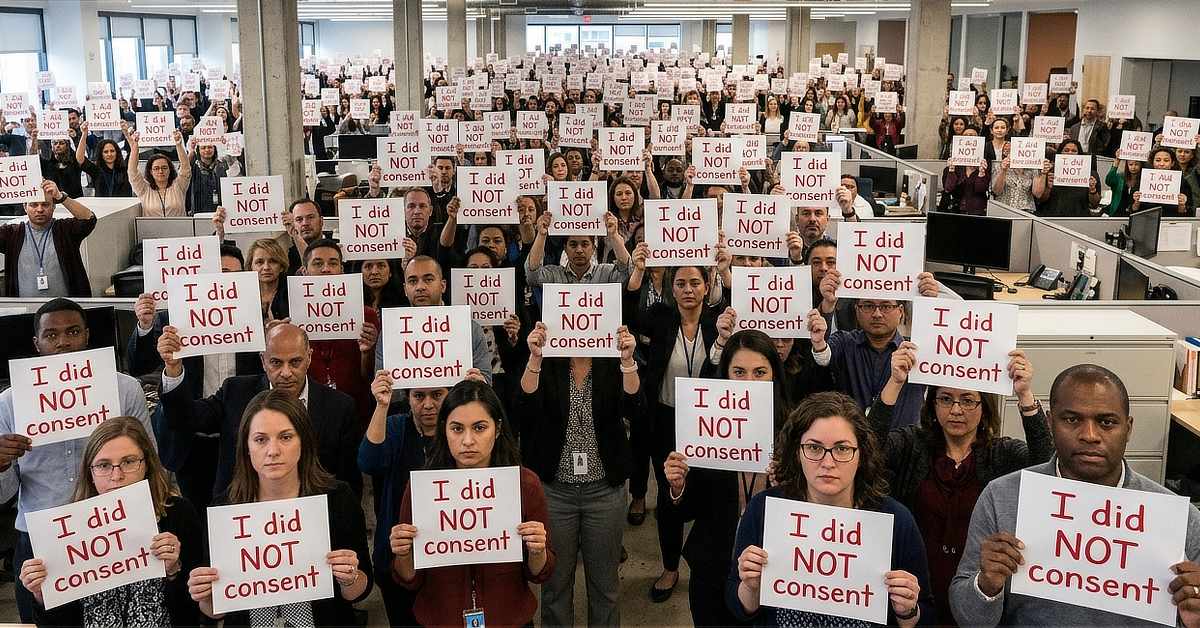 A large group of people standing in an open-plan office, each holding a printed sign that reads “I did NOT consent.” The crowd fills the space from foreground to background, with desks and computer monitors visible between rows. The individuals face forward toward the camera, holding their signs at chest level, creating a repeated pattern of the same message across the entire image.