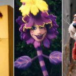 Three side-by-side images of expressive character puppets. On the left, a beige refrigerator is styled as a face with droopy red eyes, bushy brown eyebrows, a horizontal mouth with four small pointed teeth, and a brown handle. In the center, a purple flower character with layered petals framing a human-like face smiles mischievously beneath a large yellow blossom, with a striped purple stem and leaf-like arms. On the right, a red squirrel puppet with fluffy fur, half-closed eyes, a black nose, long white whiskers, and oversized front teeth stands with its small paws raised against a blurred outdoor background.