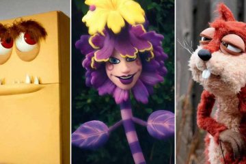 Three side-by-side images of expressive character puppets. On the left, a beige refrigerator is styled as a face with droopy red eyes, bushy brown eyebrows, a horizontal mouth with four small pointed teeth, and a brown handle. In the center, a purple flower character with layered petals framing a human-like face smiles mischievously beneath a large yellow blossom, with a striped purple stem and leaf-like arms. On the right, a red squirrel puppet with fluffy fur, half-closed eyes, a black nose, long white whiskers, and oversized front teeth stands with its small paws raised against a blurred outdoor background.